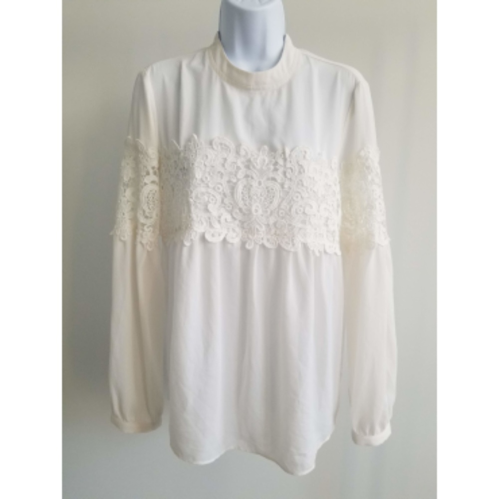 Express White Lacy Long Sleeve Keyhole Blouse - M
